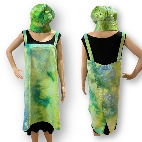 Tie Dye large Japanese wrap around apron with matching toque chef's hat green - Picture 1 of 6